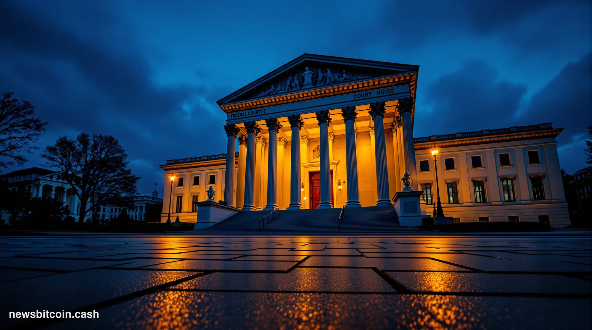 A cinematic photorealistic editorial photograph of a federal courthouse exterior at dusk, with dramatic amber lighting castin