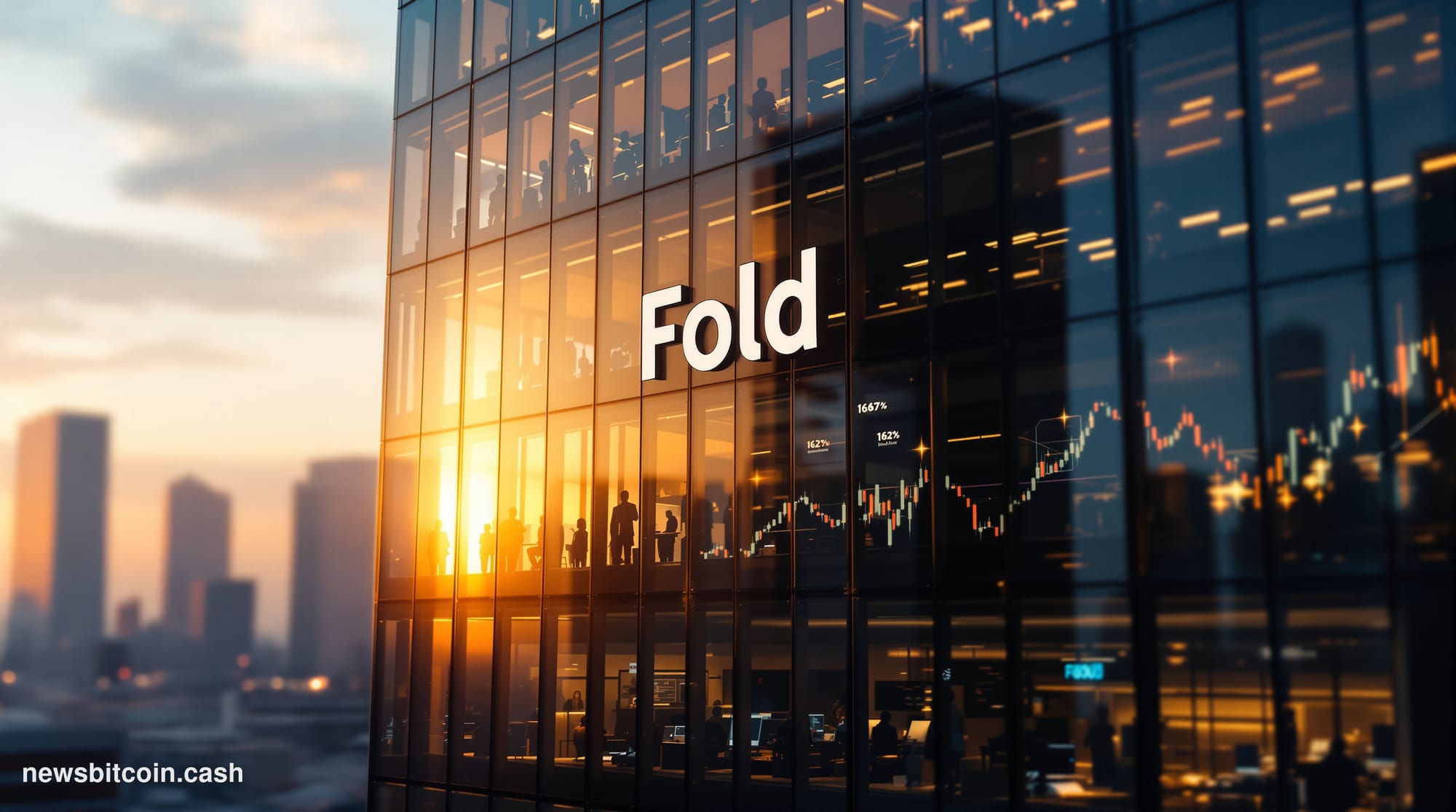 A cinematic photorealistic editorial photograph capturing the dramatic financial transformation at Fold's corporate headquart