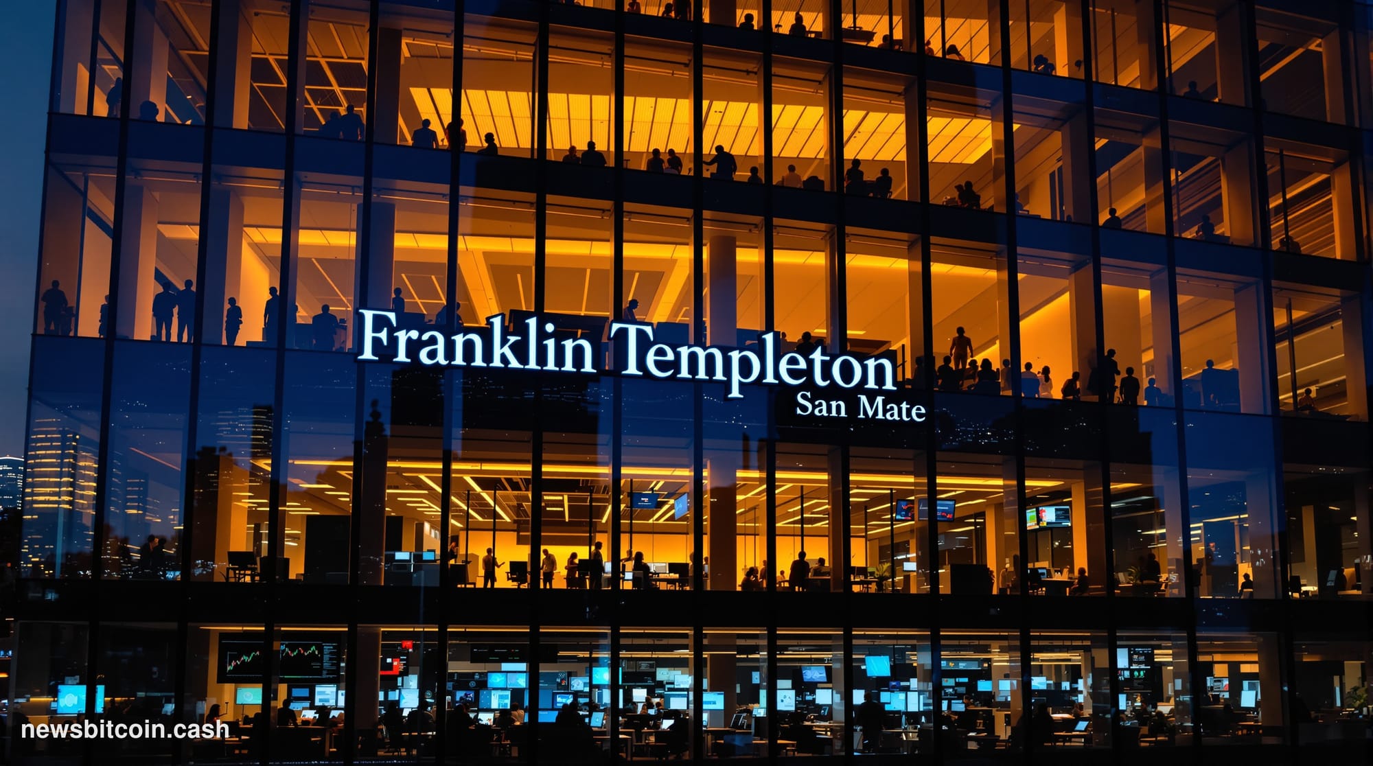 A dramatic photorealistic editorial photograph showing Franklin Templeton's distinctive San Mateo headquarters building at du