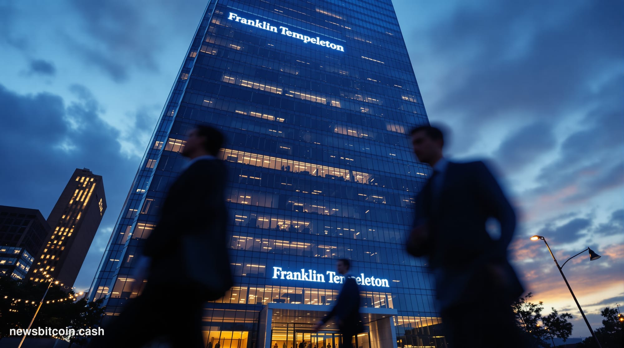 A cinematic photorealistic editorial photograph of Franklin Templeton's imposing corporate headquarters in San Mateo, Califor