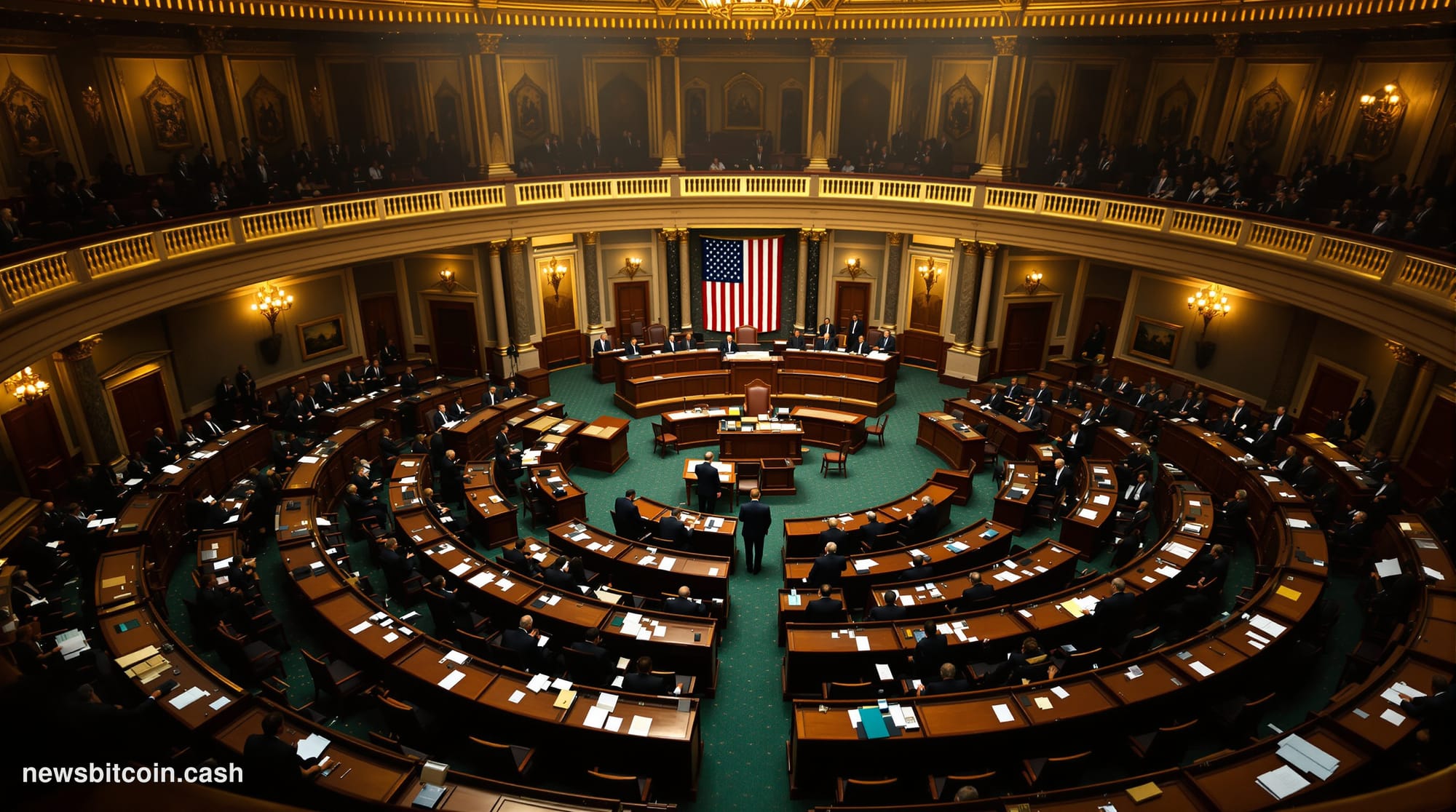A cinematic photorealistic editorial photograph of the United States Senate chamber during session, captured from an elevated