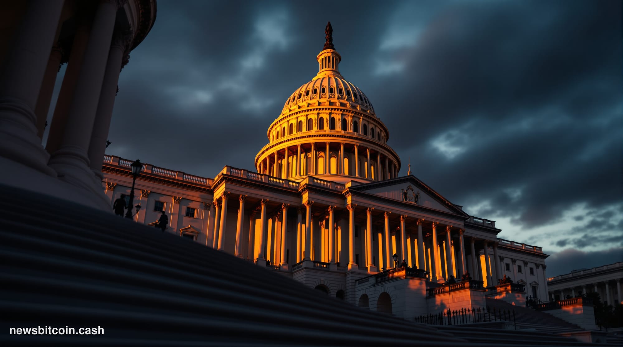A cinematic photorealistic editorial photograph of the United States Capitol building in Washington DC, shot from a low angle