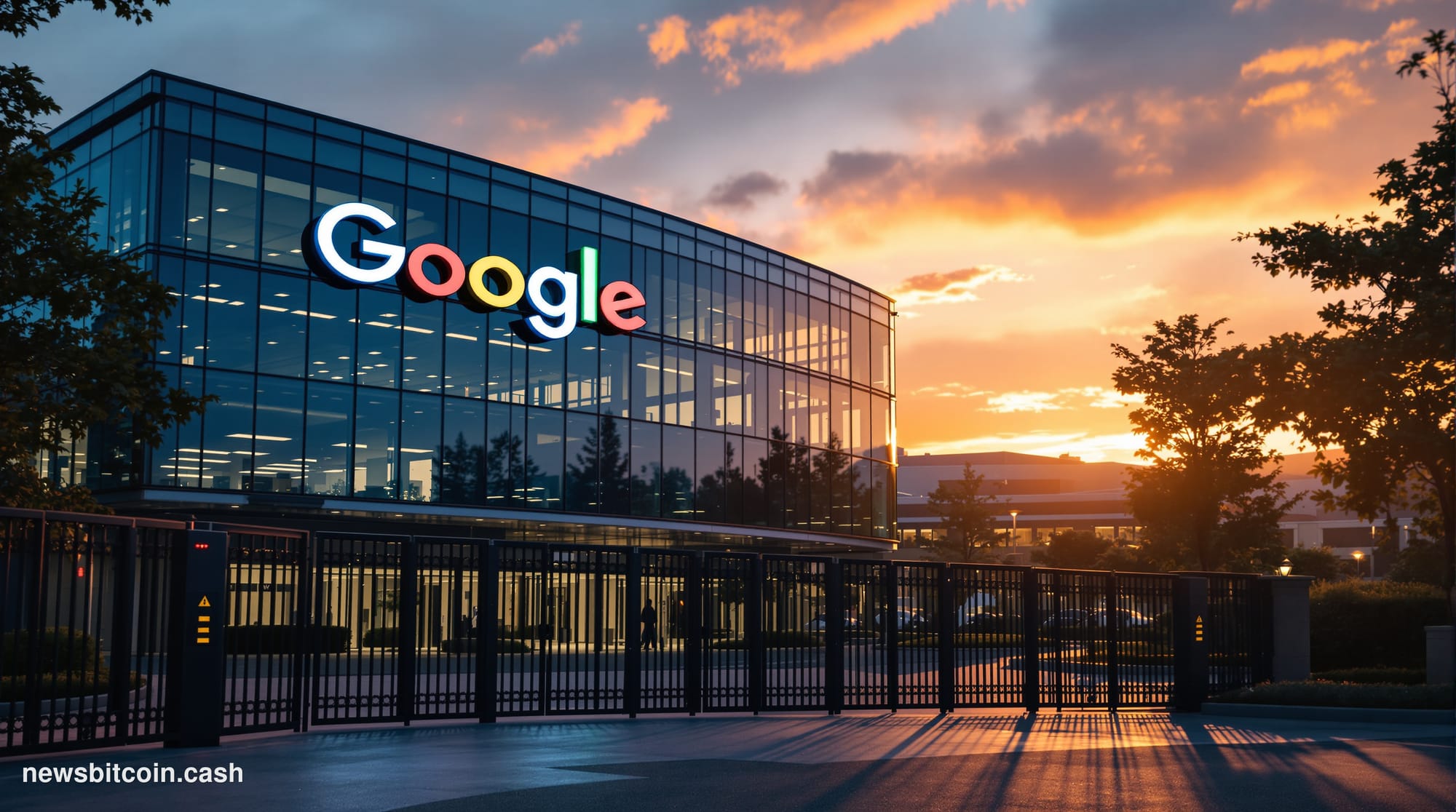 A cinematic photorealistic editorial photograph showing the exterior of Google's Mountain View headquarters campus at dusk, w