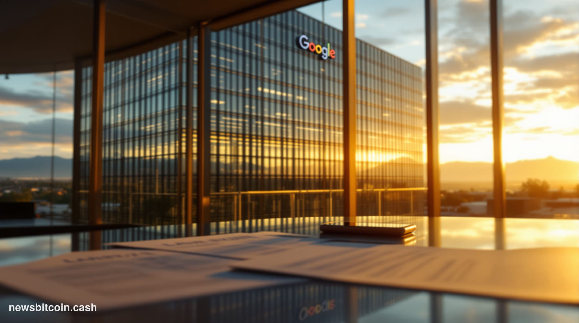 A cinematic photorealistic editorial photograph showing the imposing glass and steel facade of Google's Mountain View headqua