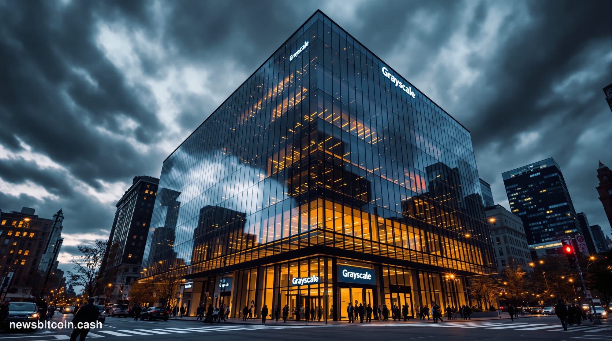 A cinematic photorealistic editorial photograph of Grayscale's corporate headquarters in New York City, shot from a low angle