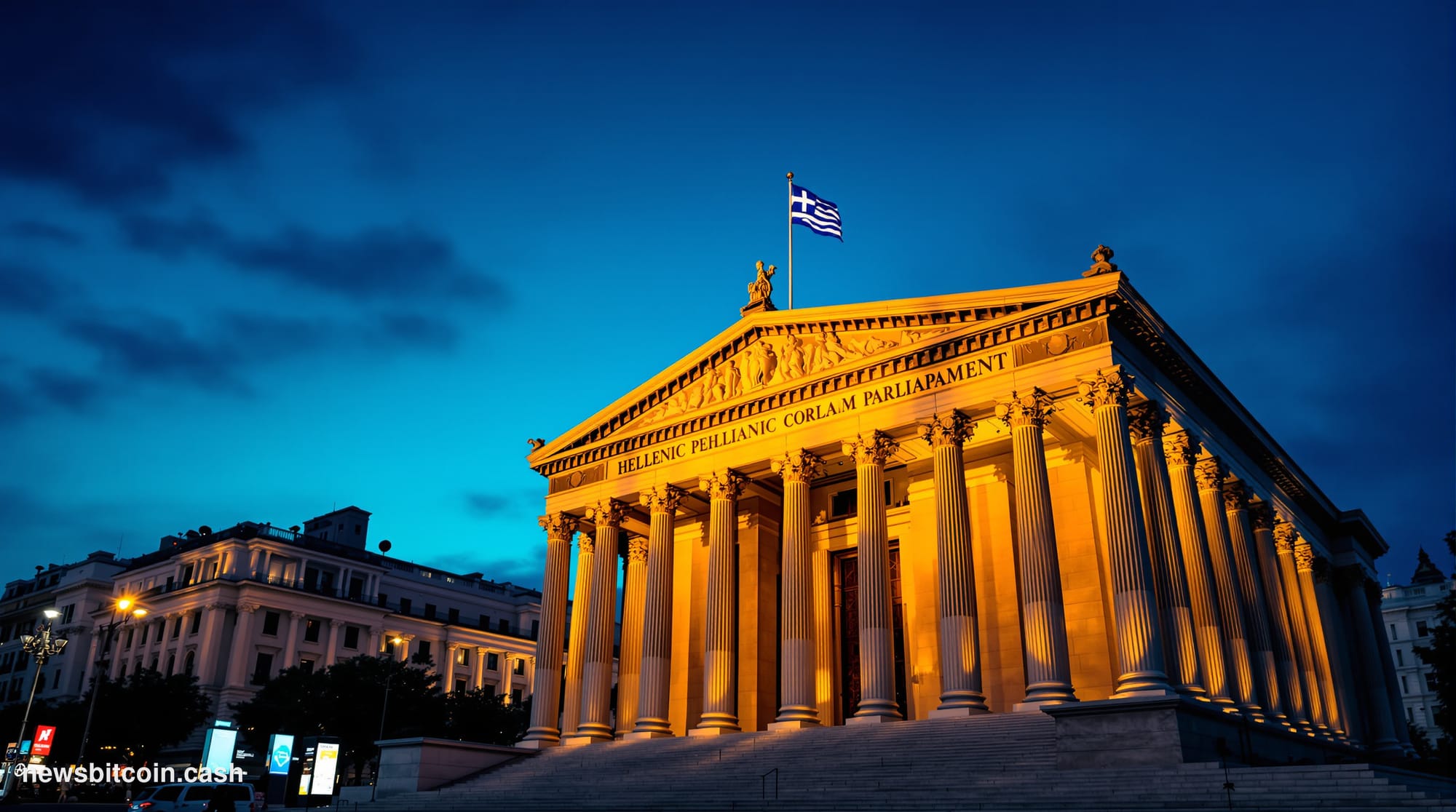 A cinematic photorealistic editorial photograph of the Greek Parliament building (Hellenic Parliament) in Athens at golden ho