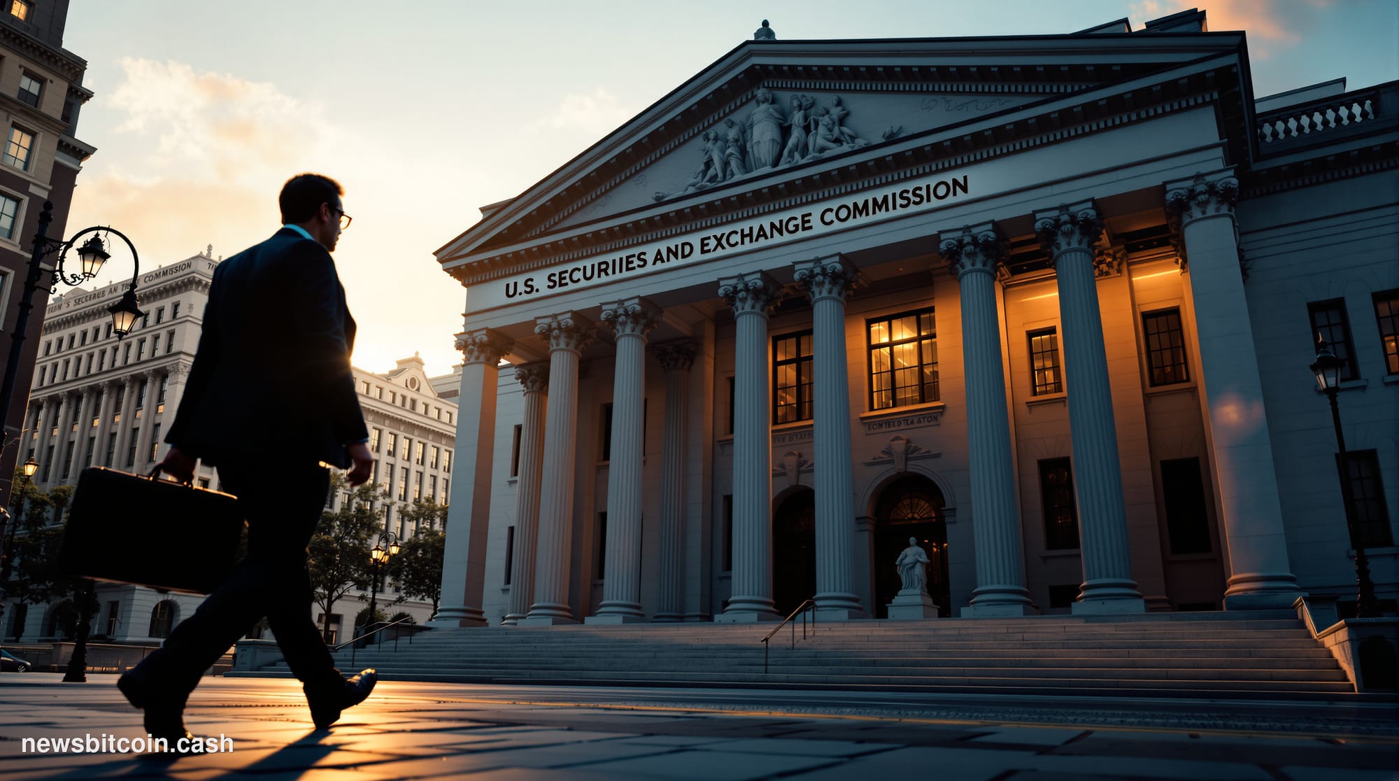 A cinematic photorealistic editorial photograph capturing the imposing SEC headquarters building in Washington D.C. at golden