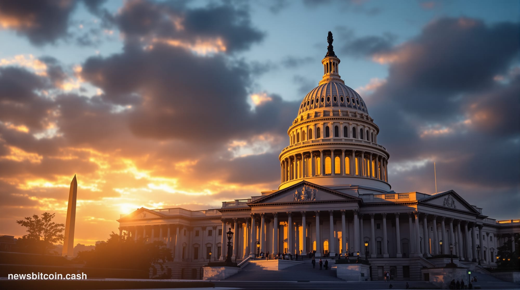 A cinematic photorealistic editorial photograph of the United States Capitol building's distinctive dome and neoclassical arc