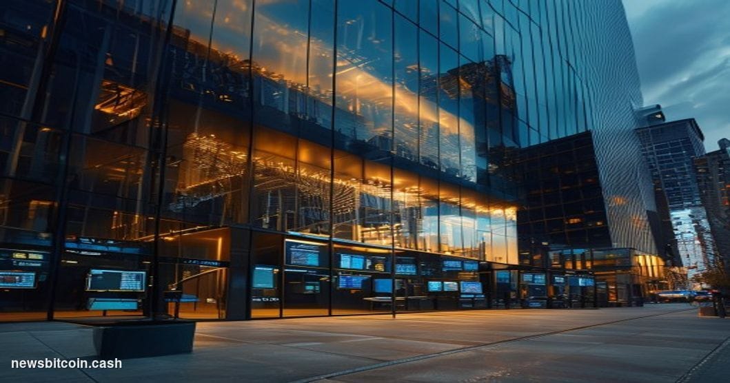 A cinematic photorealistic editorial photograph showing the exterior of Paxos Trust Company's modern glass headquarters build