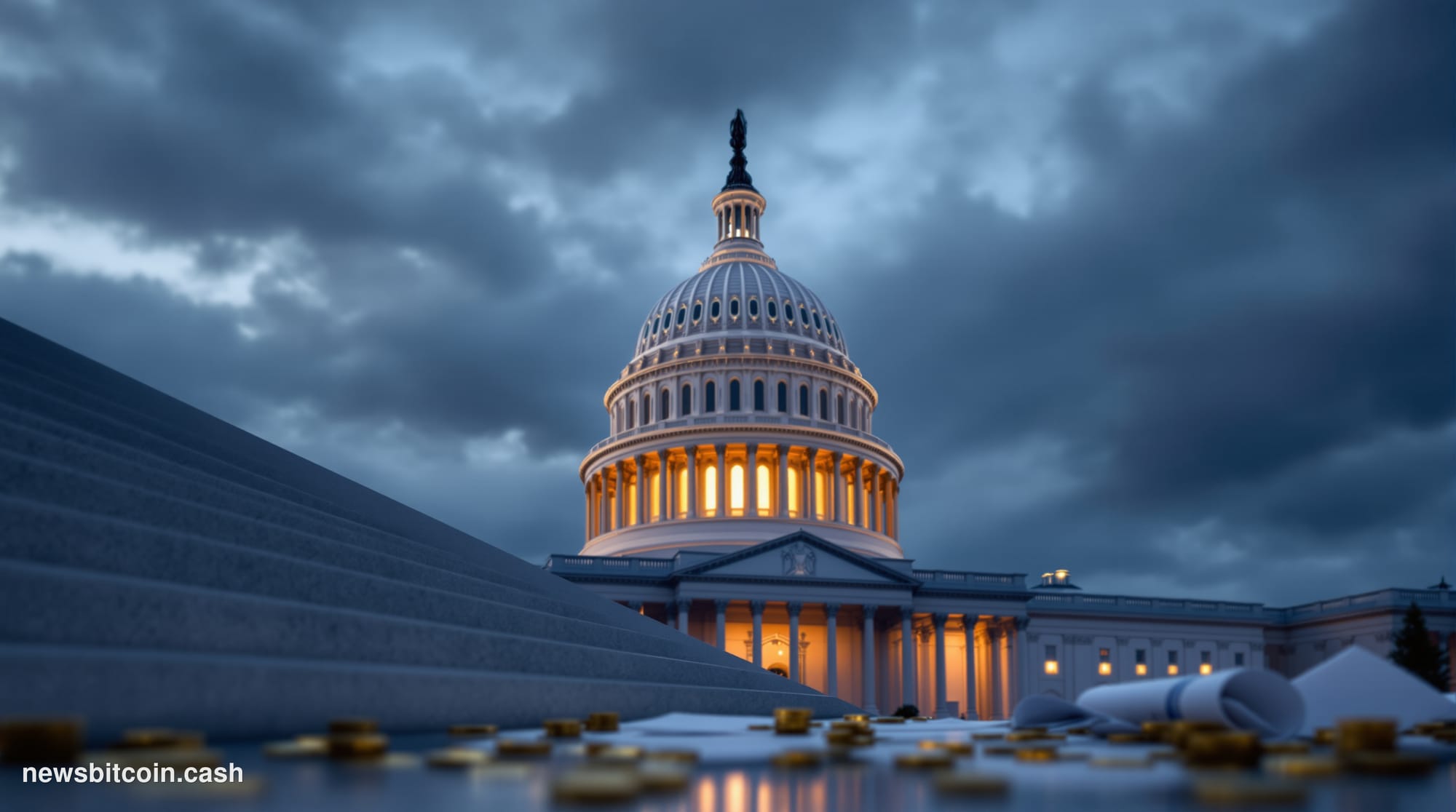 A cinematic photorealistic editorial photograph of the US Capitol Building's iconic dome and neoclassical architecture shot f