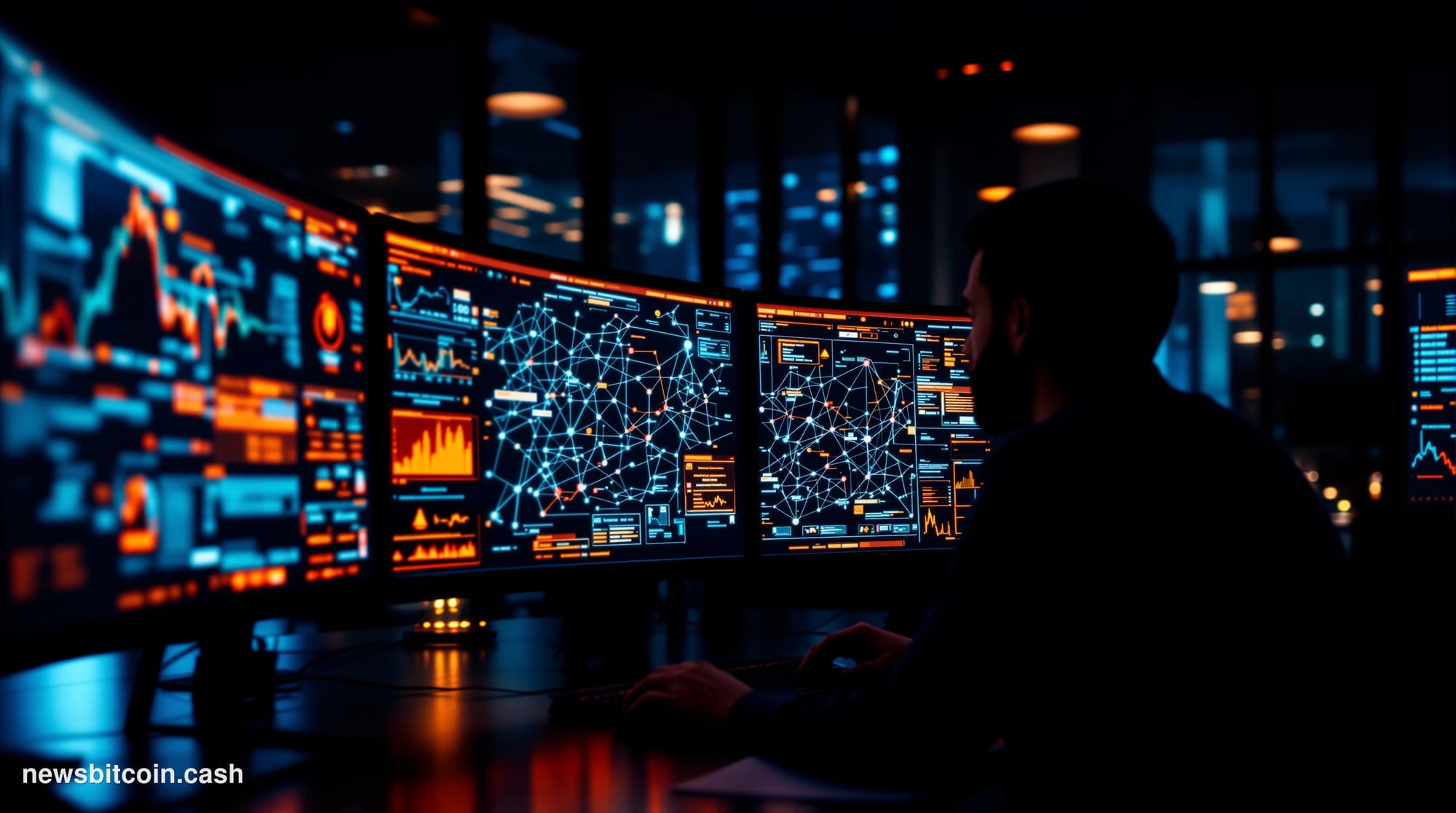 A cinematic photorealistic editorial photograph showing a sophisticated blockchain analysis workstation in a dimly lit compli