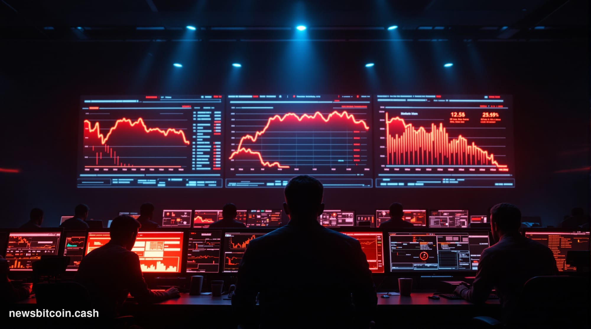 A cinematic photorealistic editorial photograph showing a modern blockchain security operations center in crisis mode. The sc