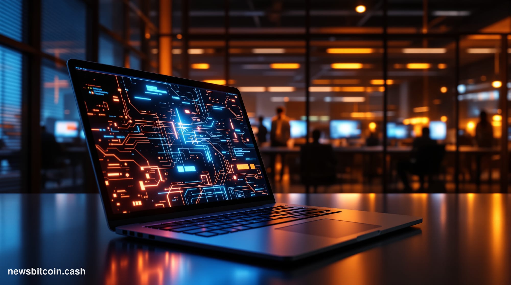 A cinematic photorealistic editorial photograph showing a modern tech office environment in crisis mode, with dramatic chiaro