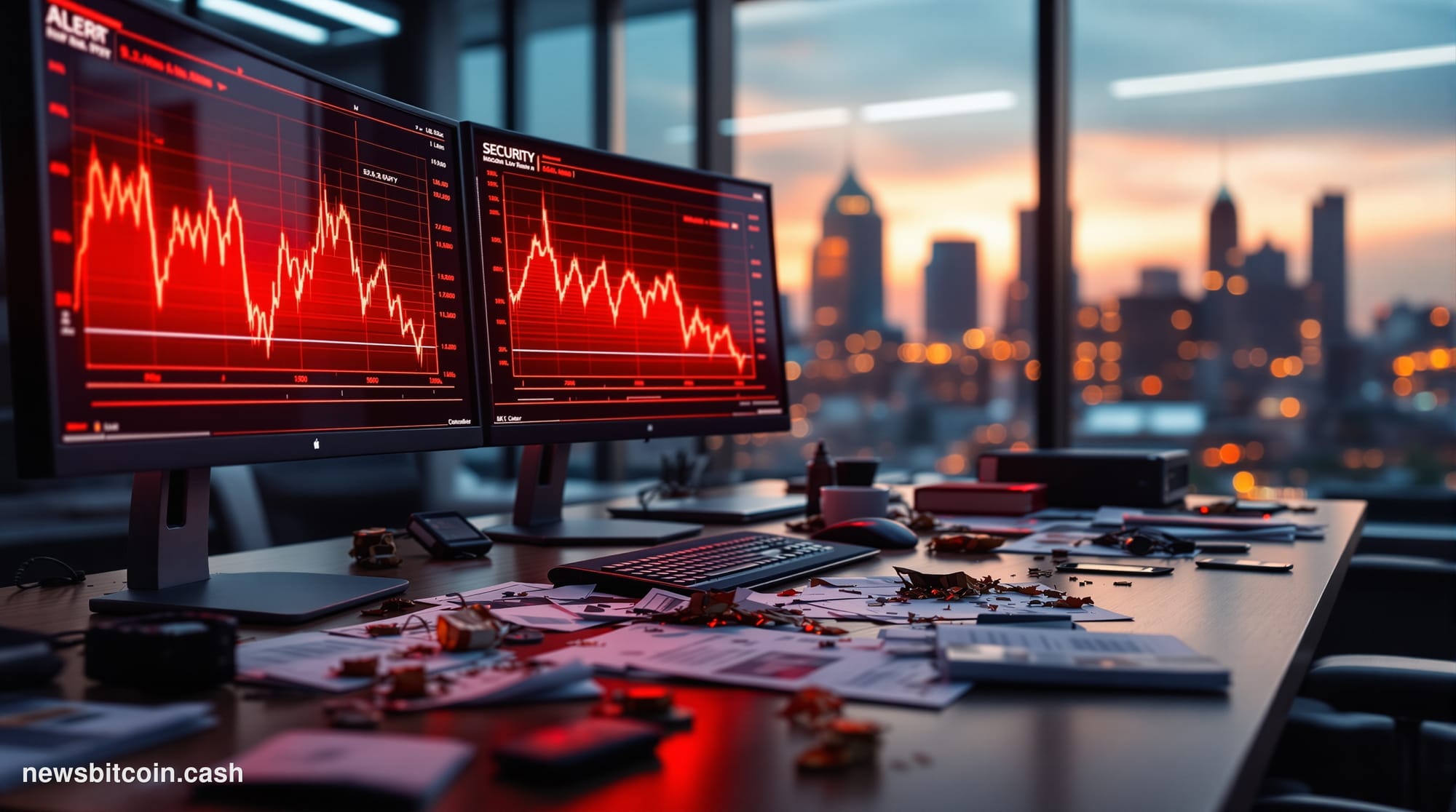 A cinematic photorealistic editorial photograph showing a dramatic cybersecurity breach scene in a modern corporate office en