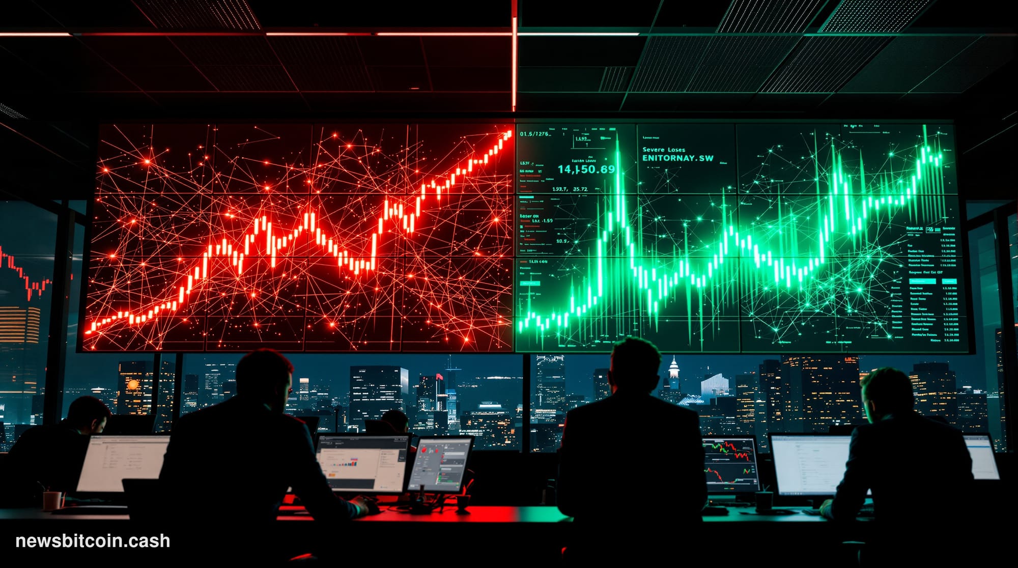 A cinematic photorealistic editorial photograph showing a modern cryptocurrency trading floor or fintech office environment d