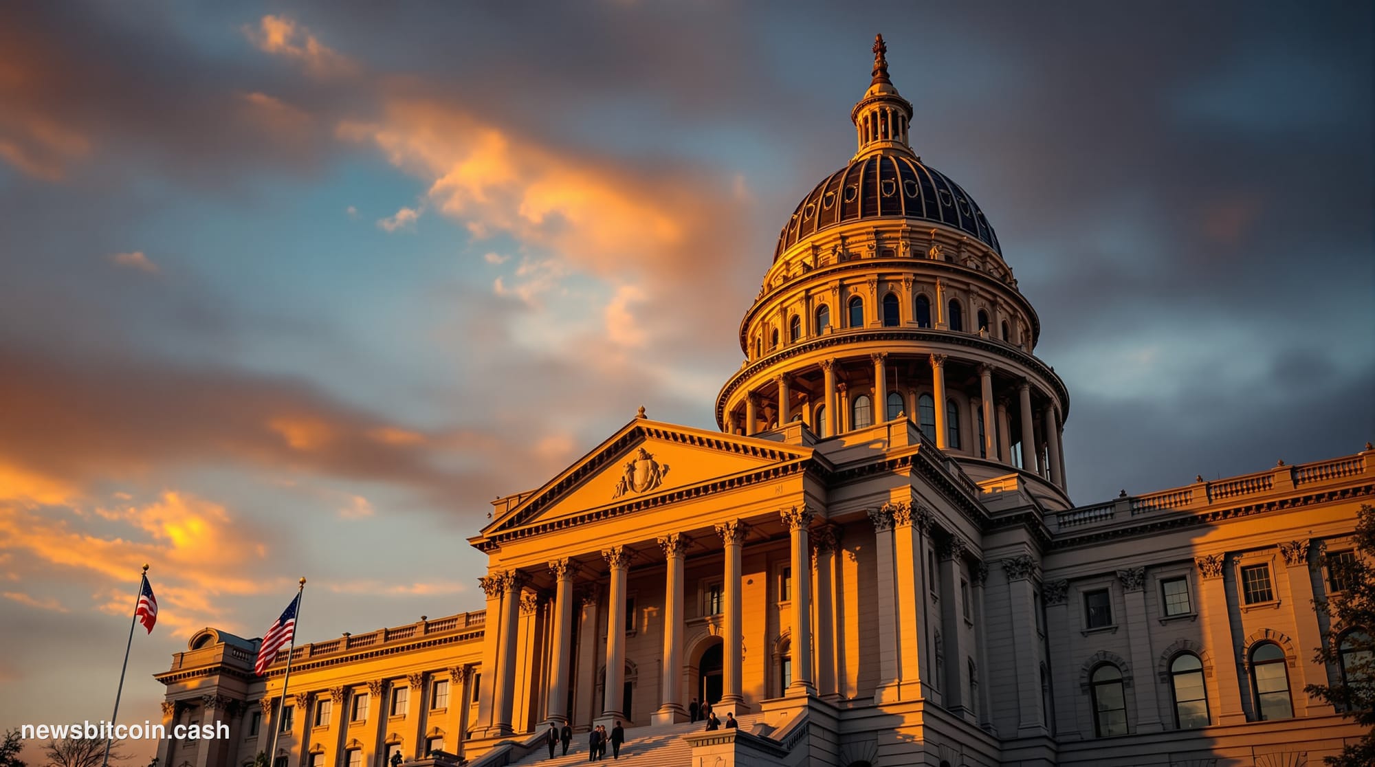 A cinematic photorealistic editorial photograph of the Illinois State Capitol building in Springfield, shot during golden hou
