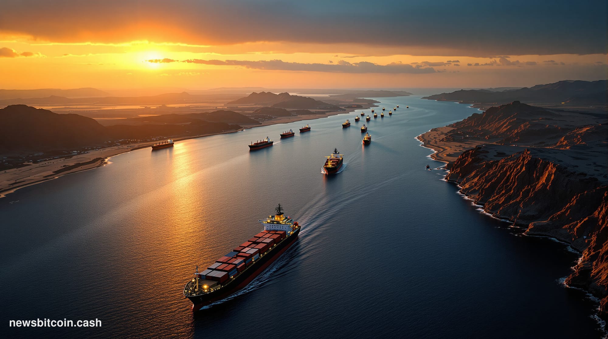 A dramatic photorealistic editorial photograph showing the Strait of Hormuz from an elevated aerial perspective during golden