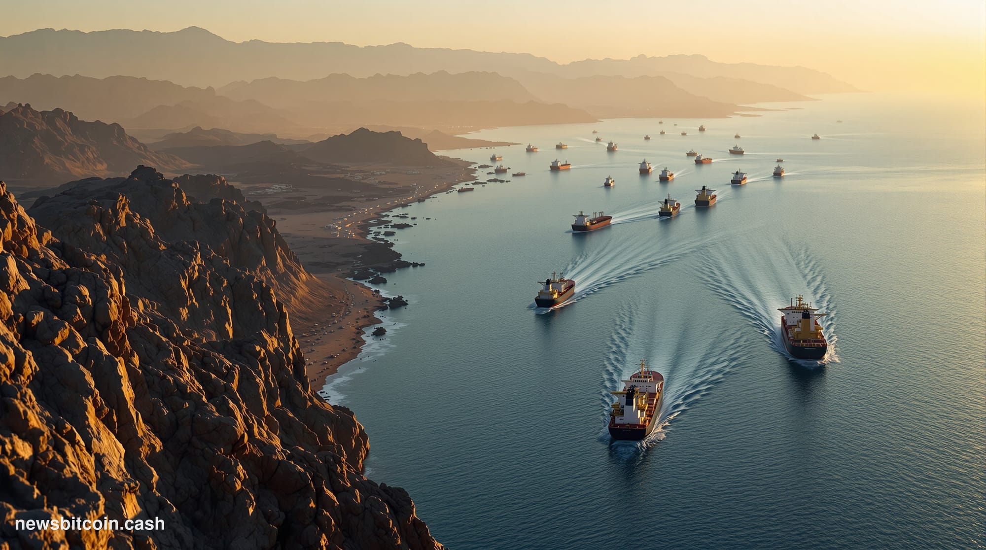 A cinematic photorealistic editorial photograph showing the Strait of Hormuz from an elevated perspective, with oil tankers a