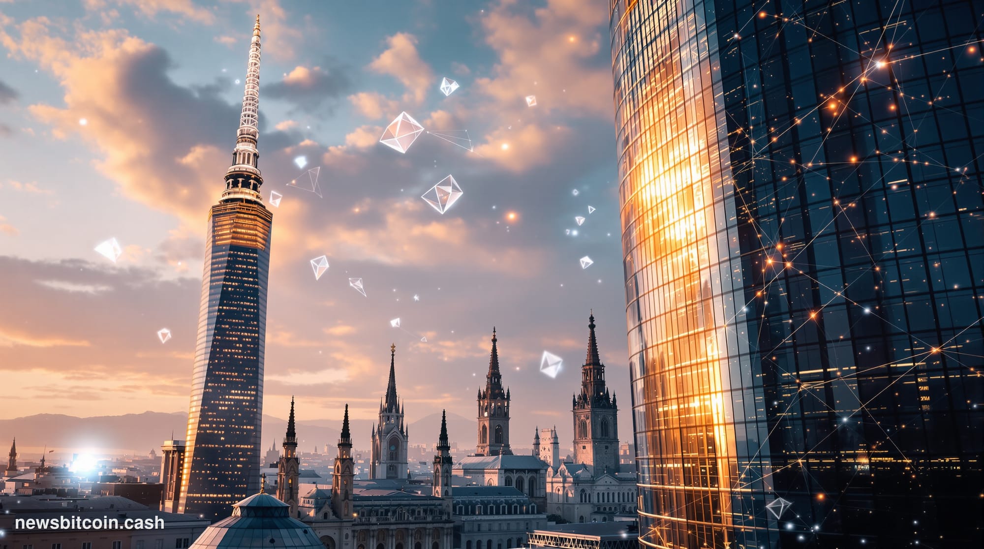 A cinematic photorealistic editorial photograph capturing Italy's financial district in Milan, specifically the Porta Nuova b