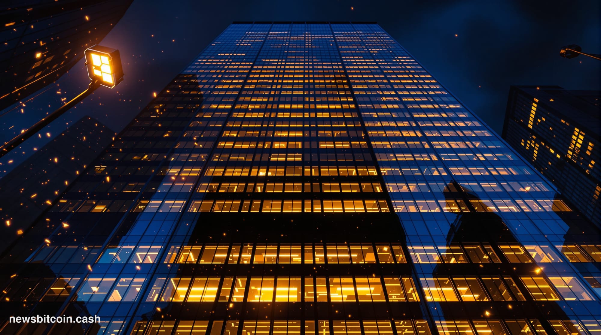 A cinematic photorealistic editorial photograph showing the imposing glass facade of a major Wall Street financial institutio
