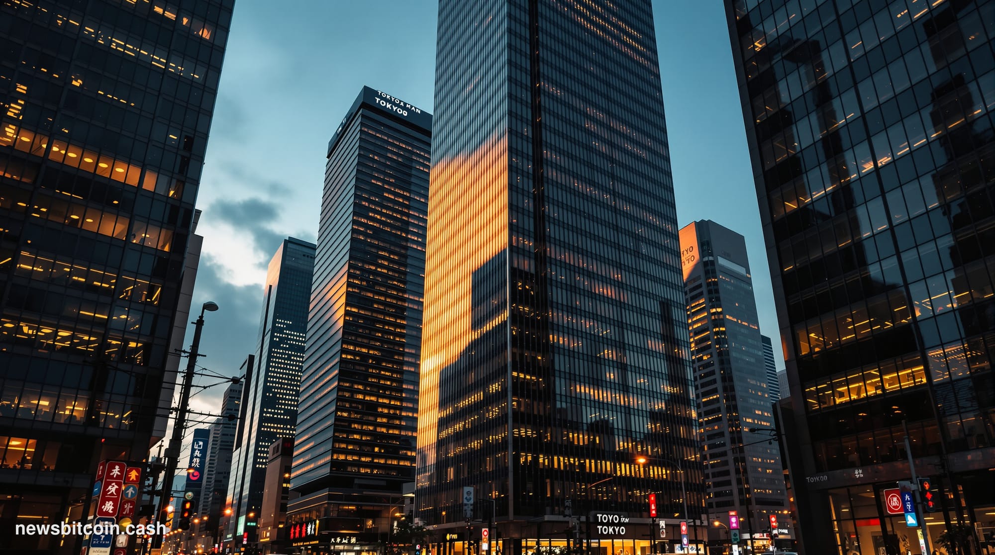A cinematic photorealistic editorial photograph capturing Tokyo's financial district at dusk, with the iconic skyscrapers of 