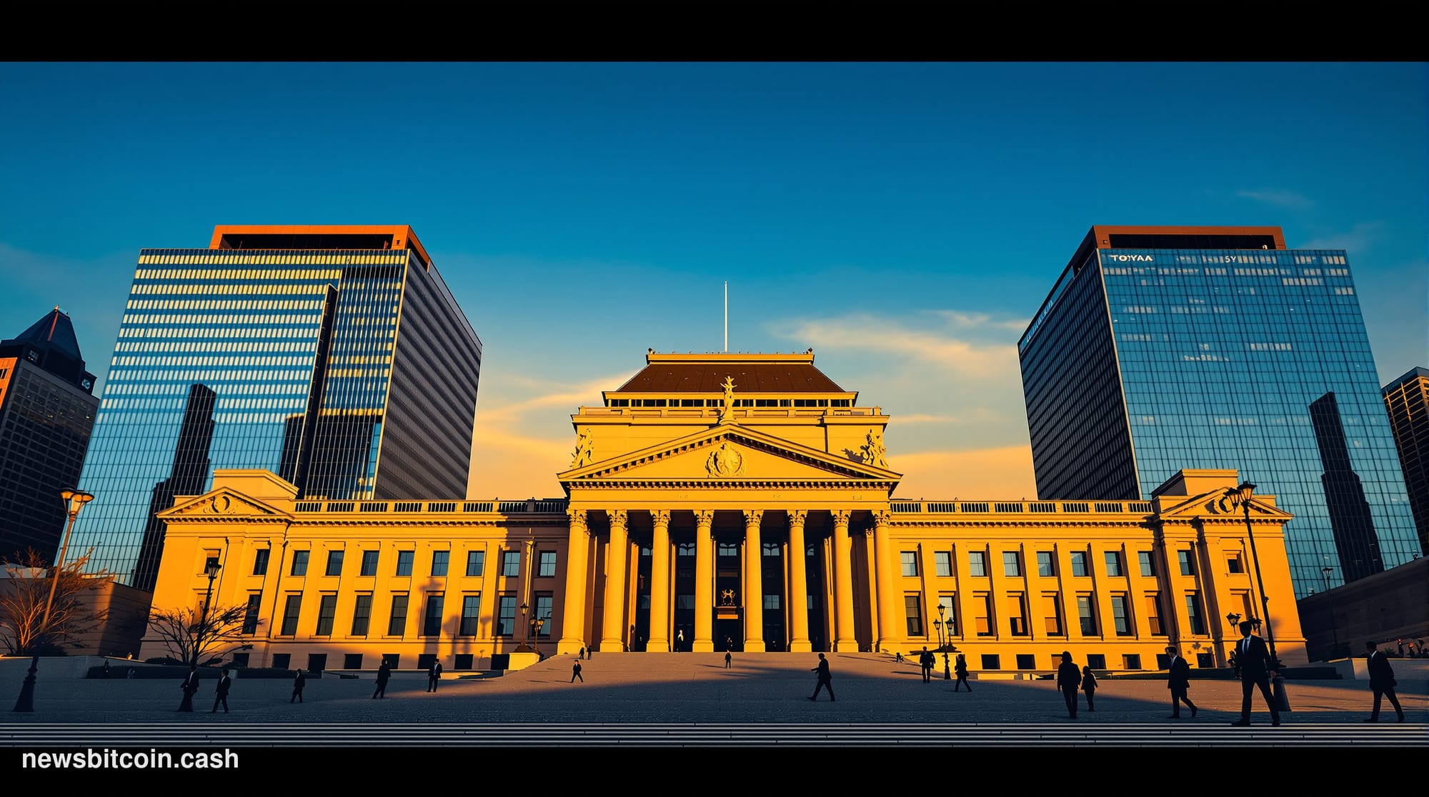 A cinematic photorealistic editorial photograph of the Japanese Diet Building (National Parliament) in Tokyo during golden ho