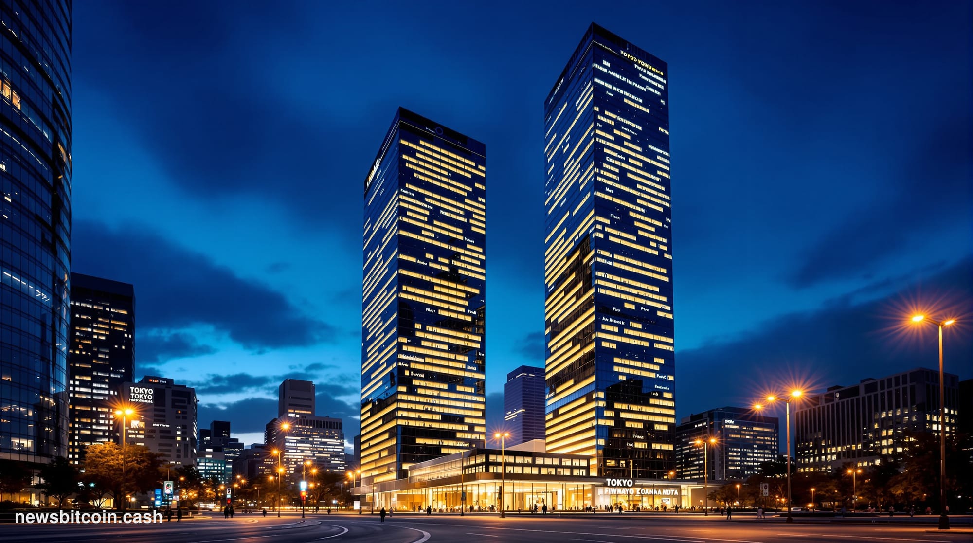 A cinematic photorealistic editorial photograph showing the gleaming glass towers of Tokyo's financial district at dusk, with
