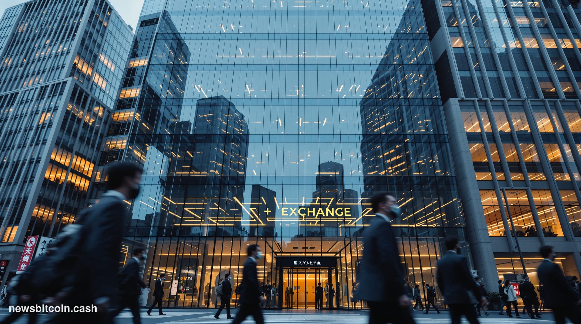 A cinematic photorealistic editorial photograph showing the modern glass facade of a Japanese cryptocurrency exchange office 