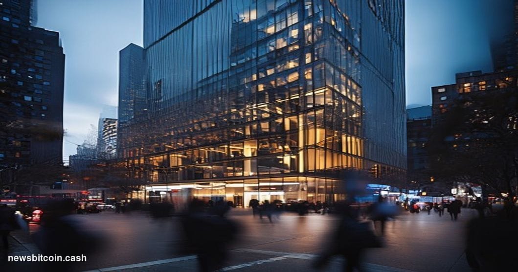 A cinematic photorealistic editorial photograph of Kalshi's New York office building facade in downtown Manhattan's financial