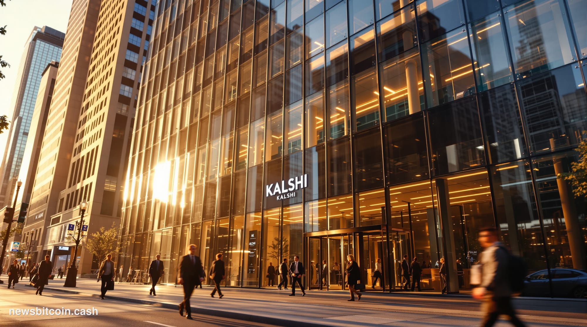 A cinematic photorealistic editorial photograph showing the exterior of a modern financial technology building in lower Manha