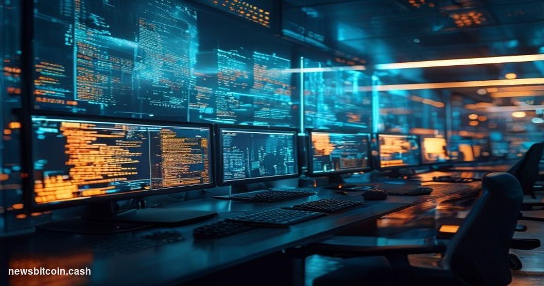 A cinematic photorealistic editorial photograph showing a dark, moody trading floor environment with multiple computer monito