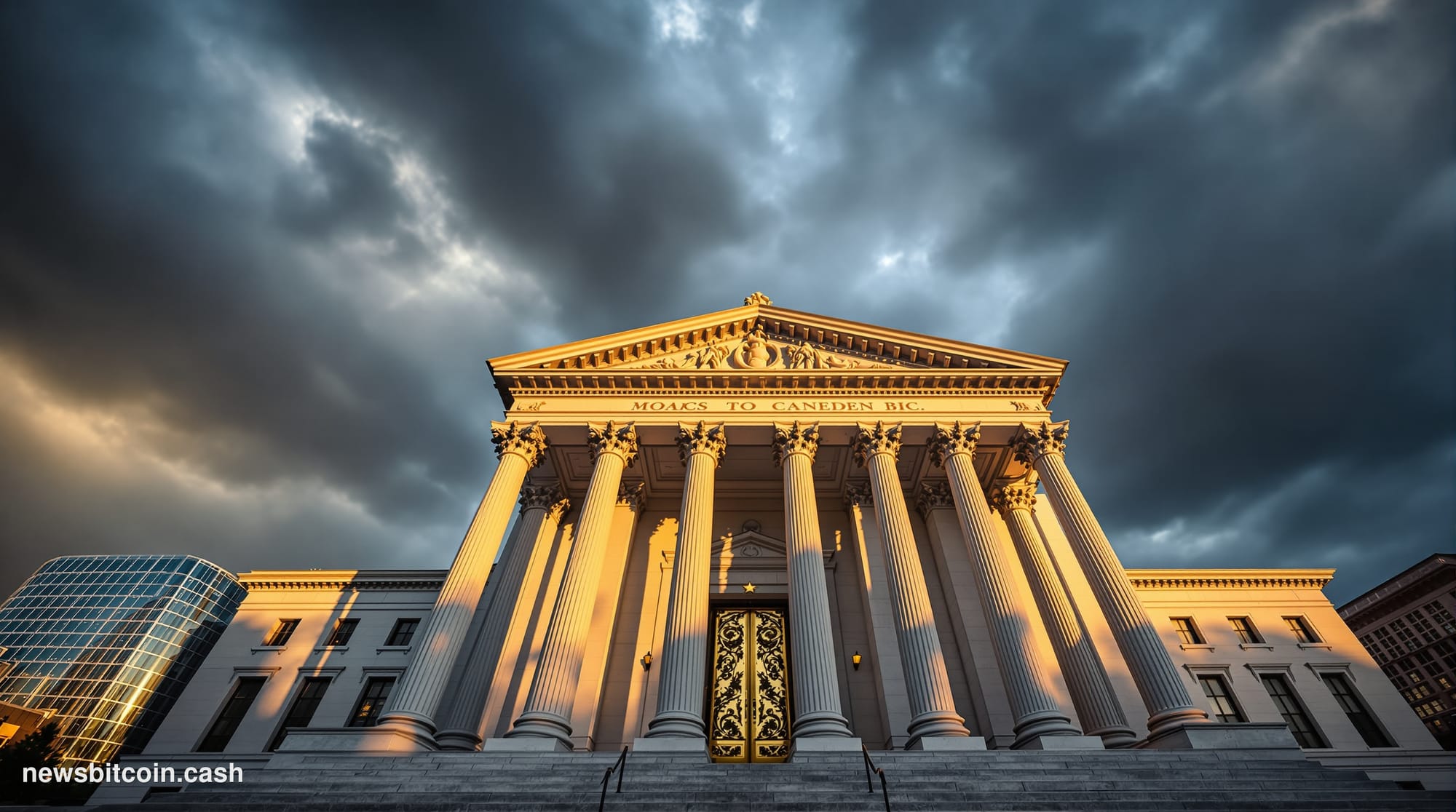 A cinematic photorealistic editorial photograph of the Federal Reserve's imposing Marriner S. Eccles Building in Washington D