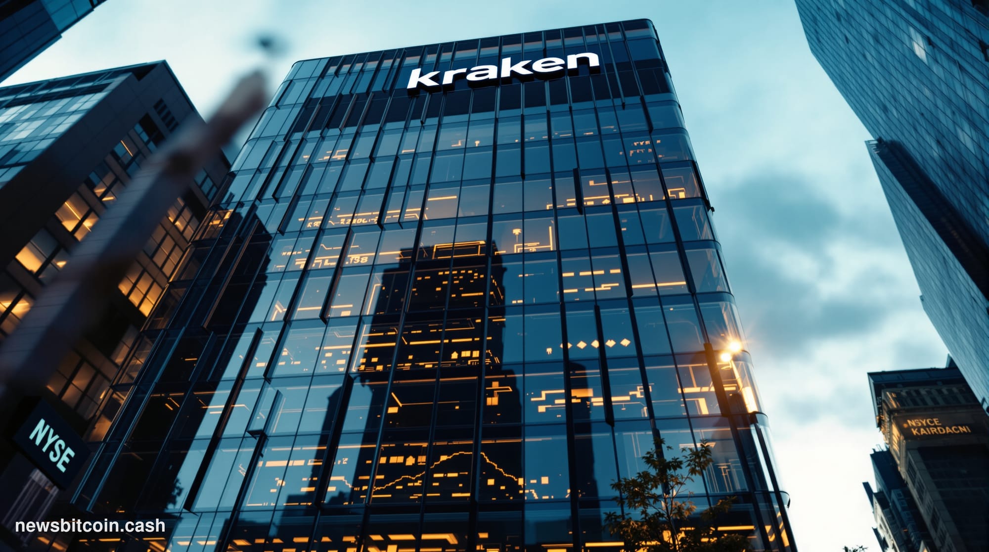 A cinematic photorealistic editorial photograph showing Kraken's distinctive San Francisco headquarters building in SOMA dist