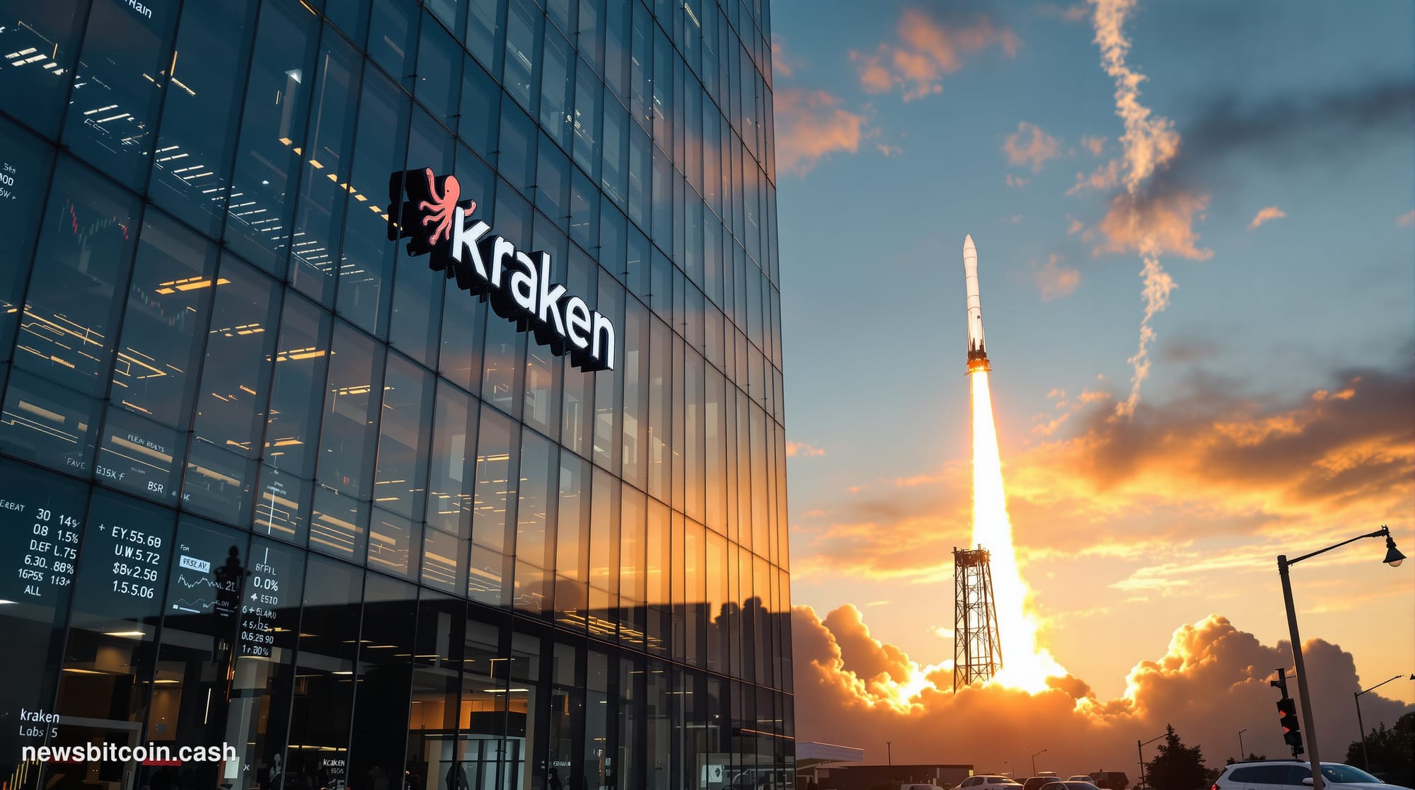 A cinematic photorealistic editorial photograph showing Kraken's sleek corporate headquarters in San Francisco with the disti