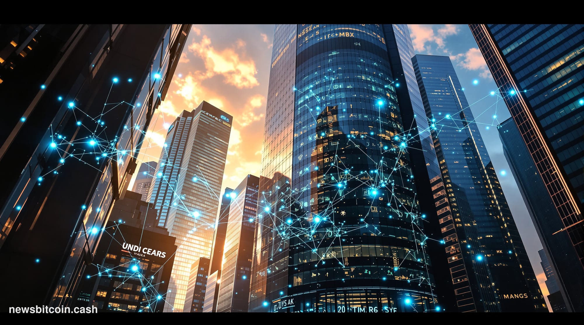 A cinematic photorealistic editorial photograph showing the imposing glass and steel headquarters of JPMorgan Chase at 270 Pa