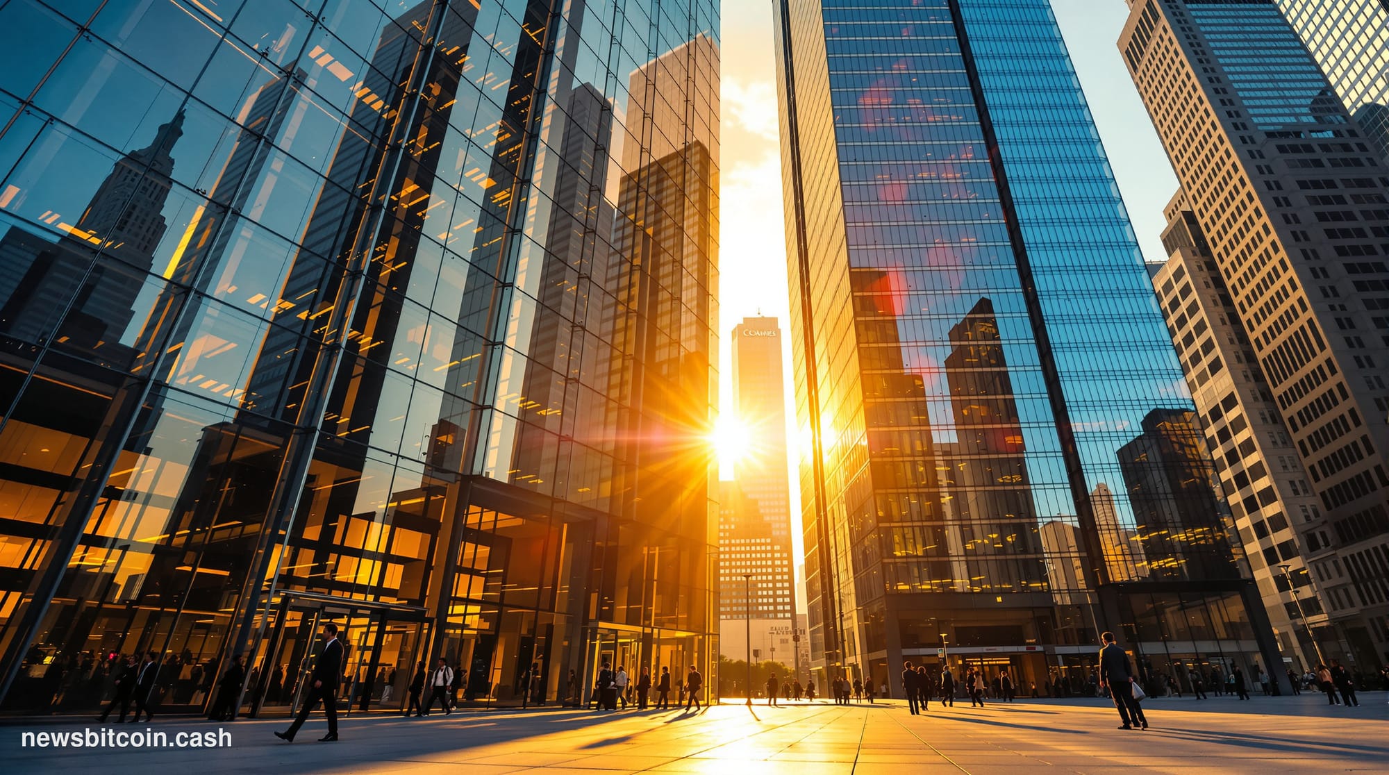 A cinematic photorealistic editorial photograph showing the iconic glass towers of major American banking headquarters in Man