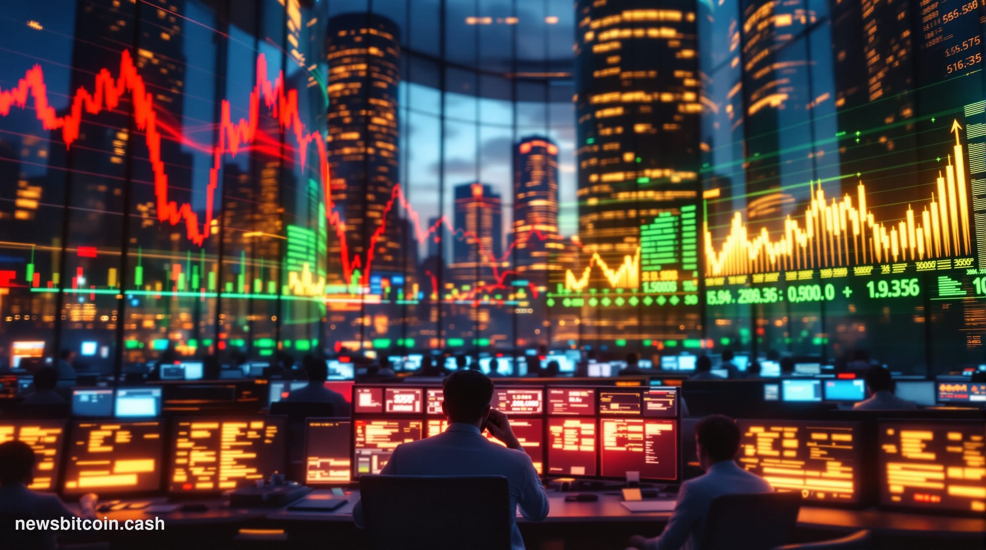 A dramatic photorealistic editorial photograph capturing the tension of Bitcoin's price decline. The scene shows a large digi