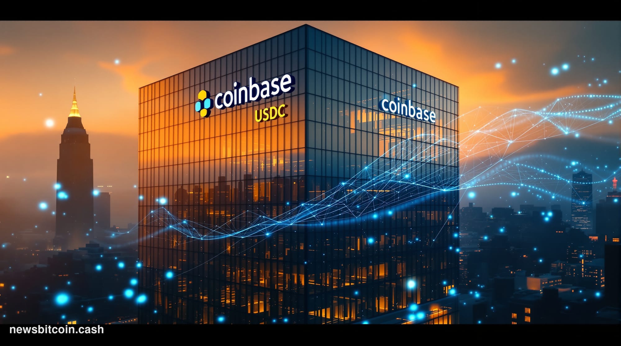 Cinematic photorealistic editorial photograph of Coinbase's modern San Francisco headquarters building exterior during golden