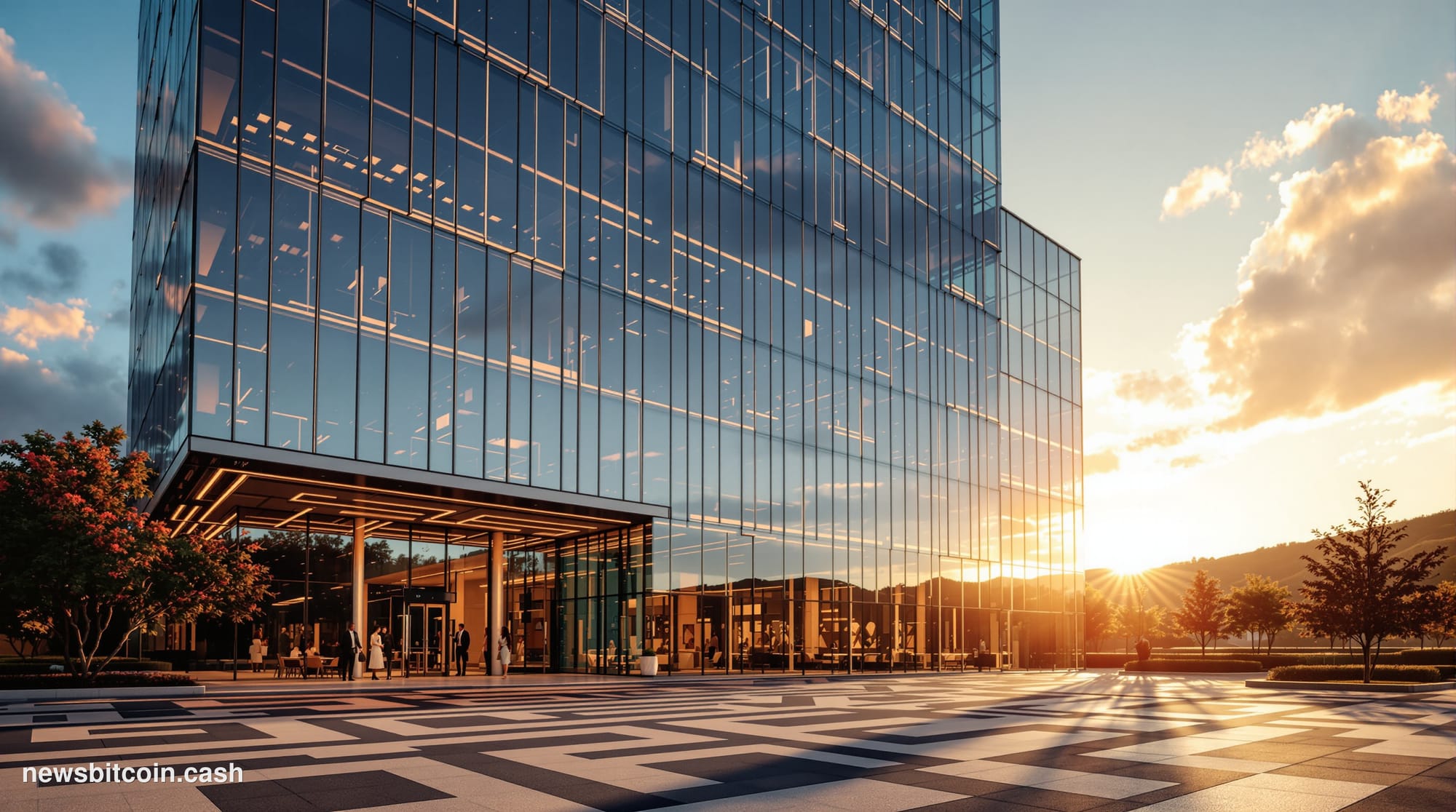 A cinematic photorealistic editorial photograph showing Mastercard's distinctive headquarters building in Purchase, New York,