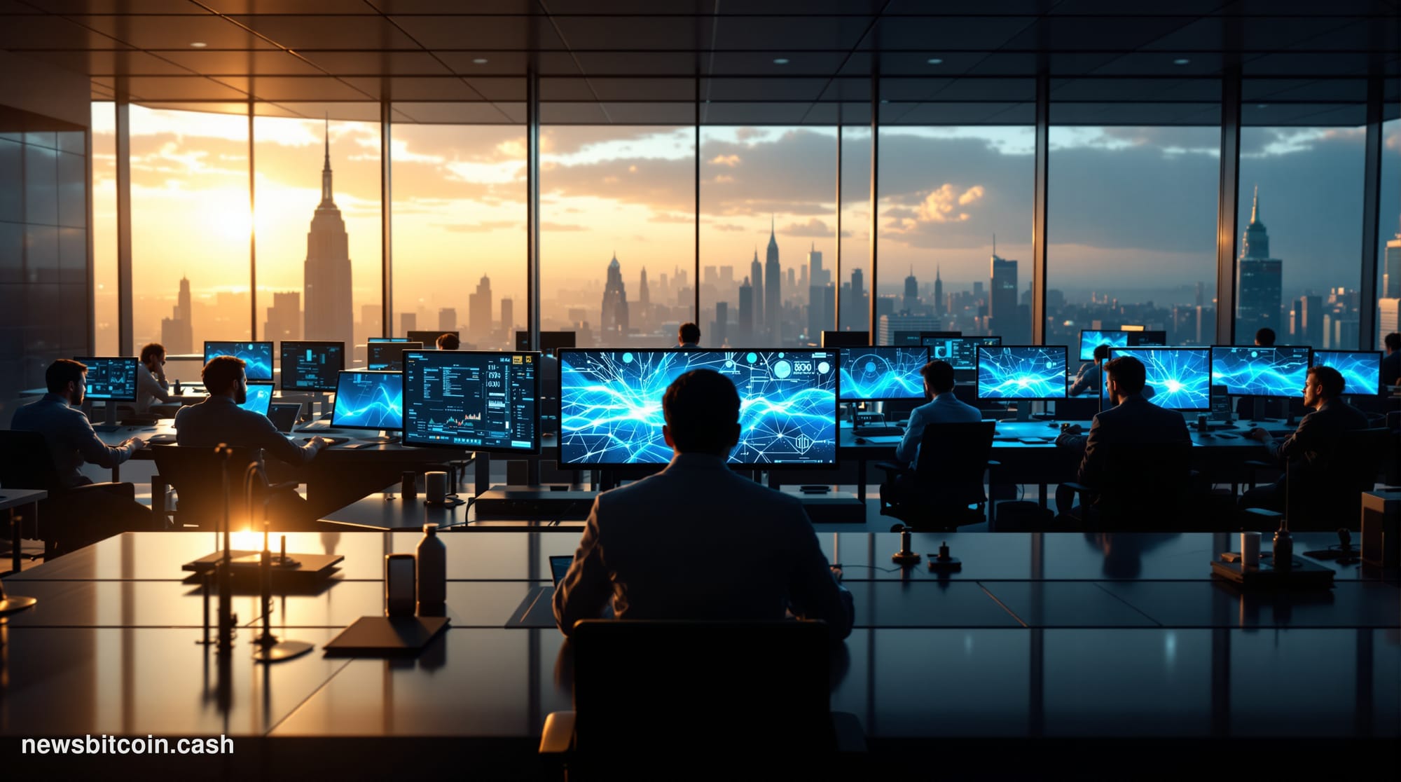 A cinematic photorealistic editorial photograph showing the MetaMask fox logo displayed on multiple computer and mobile scree