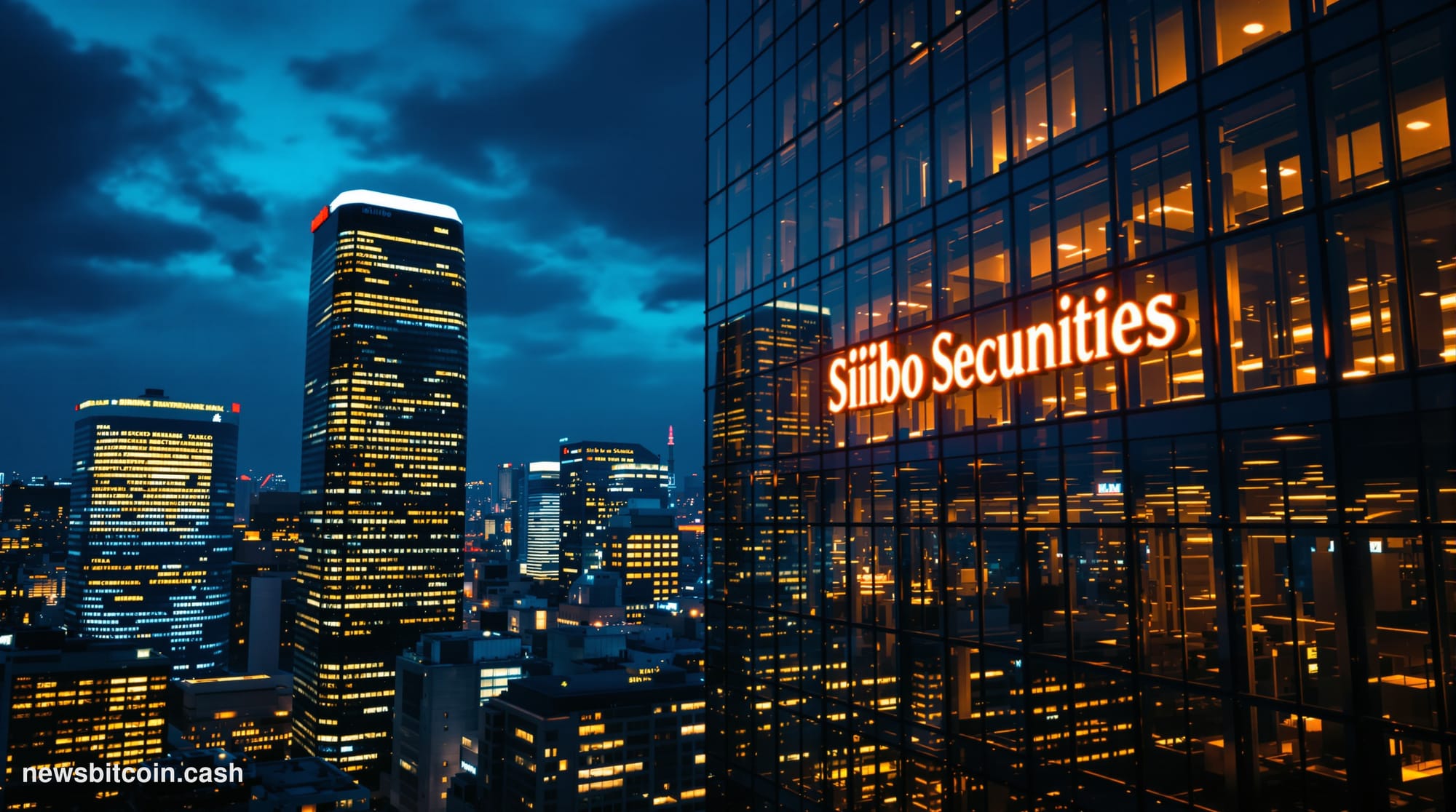 A cinematic photorealistic editorial photograph showing Tokyo's financial district at dusk, with the iconic skyline of Maruno