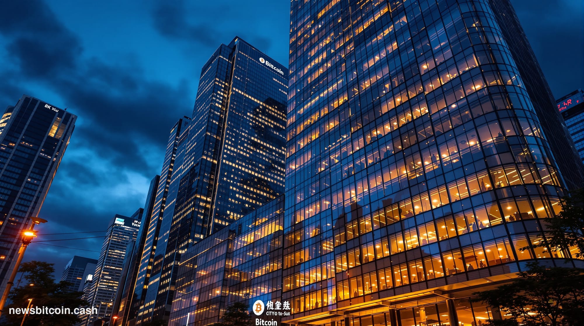A cinematic photorealistic editorial photograph showing the modern Tokyo financial district at dusk, with sleek glass skyscra