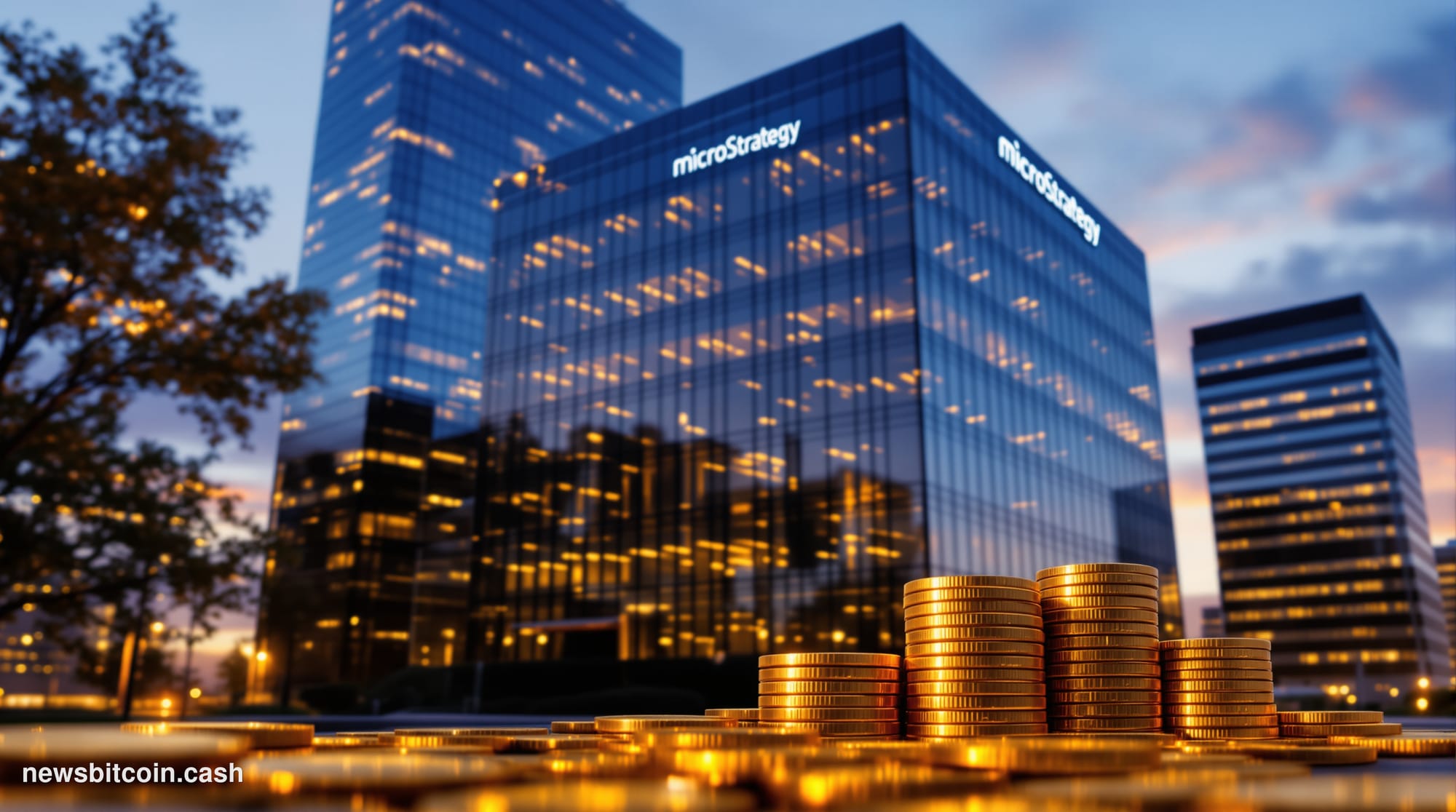 Cinematic photorealistic editorial photograph of MicroStrategy's corporate headquarters in Tysons Corner, Virginia, showing t