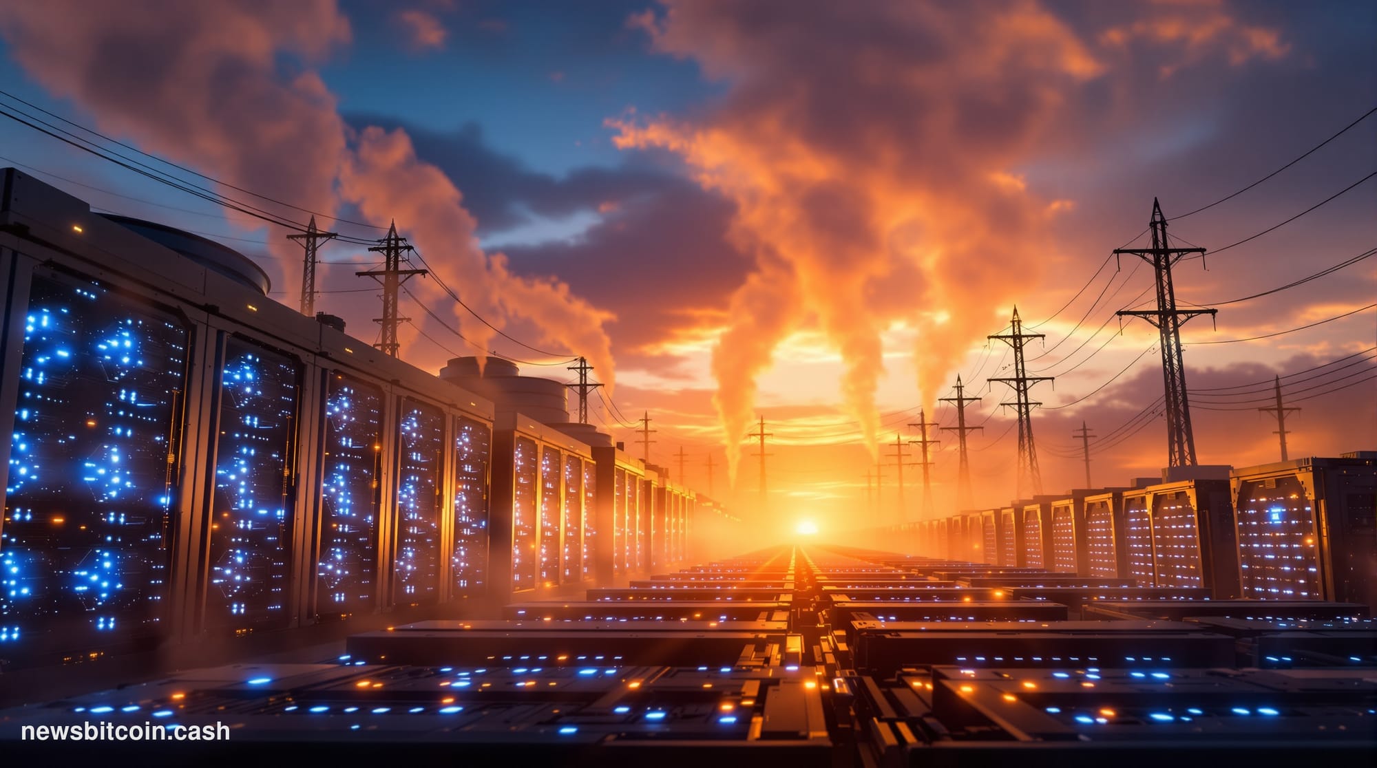 A cinematic photorealistic editorial photograph of a massive Bitcoin mining facility at dusk, shot from a low angle to emphas