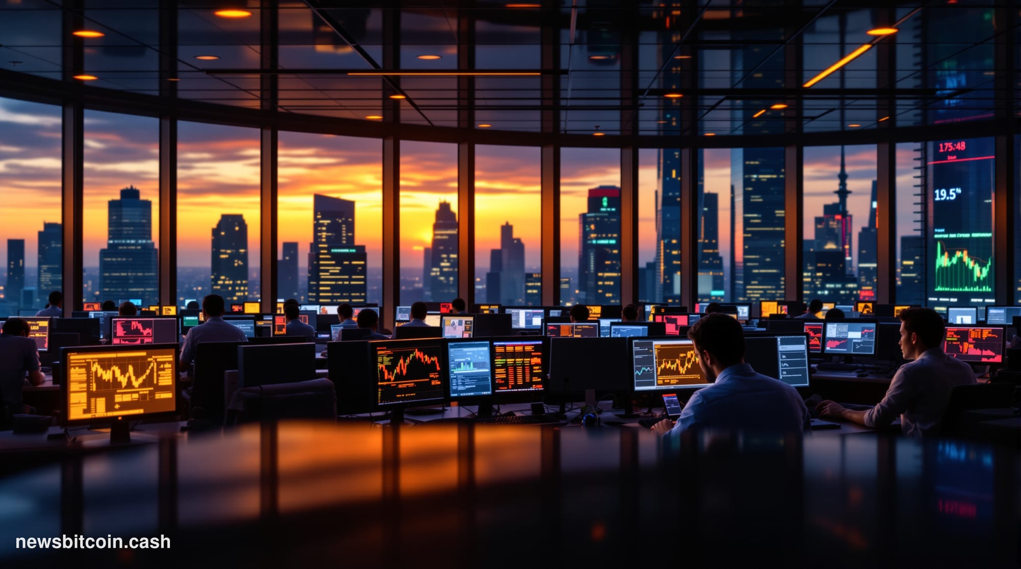 A cinematic photorealistic editorial photograph capturing geopolitical tension's impact on global markets. The scene shows a 