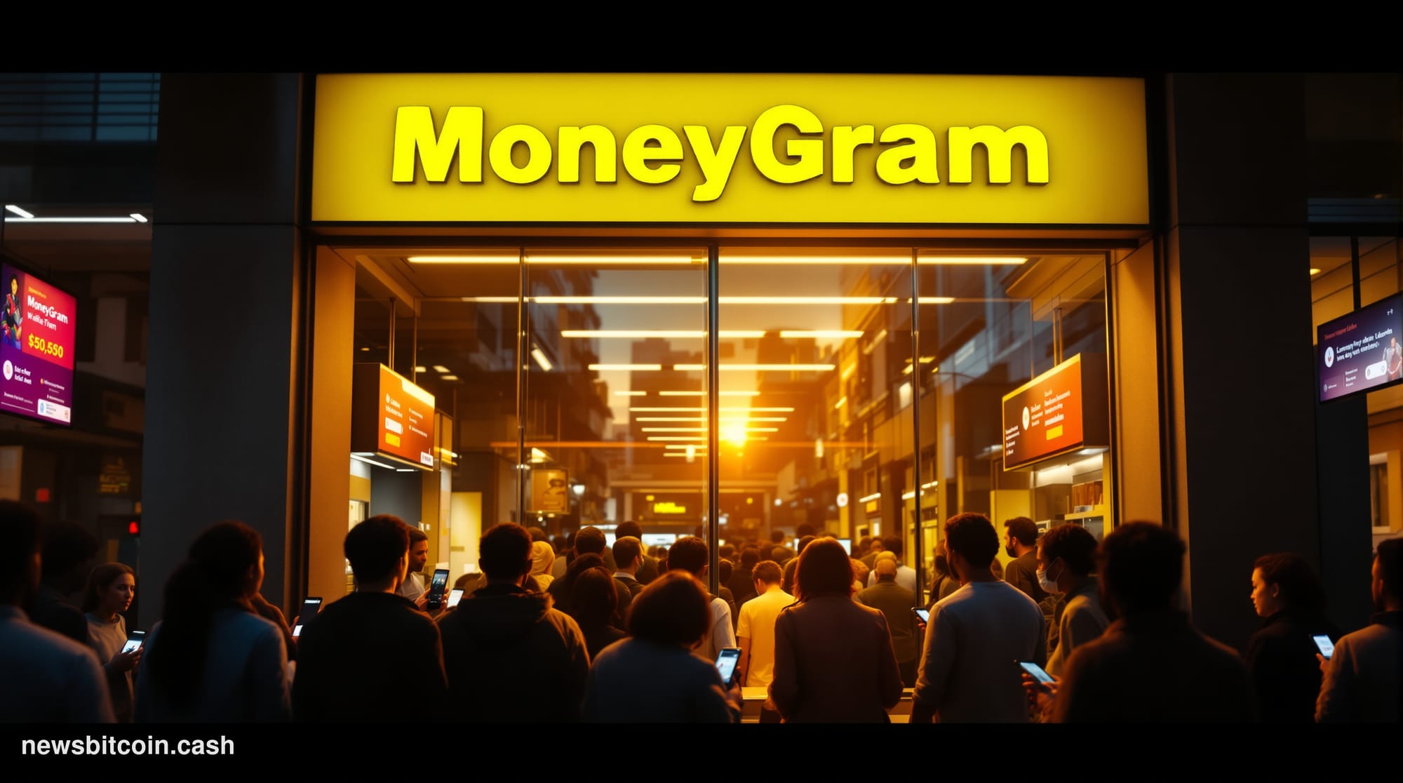 A cinematic photorealistic editorial photograph showing a MoneyGram storefront in an emerging market setting, with warm golde