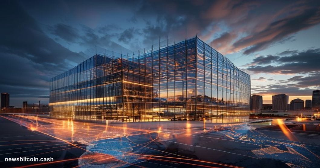 A cinematic photorealistic editorial photograph showcasing MoneyGram's corporate headquarters in Dallas, Texas, shot from a l