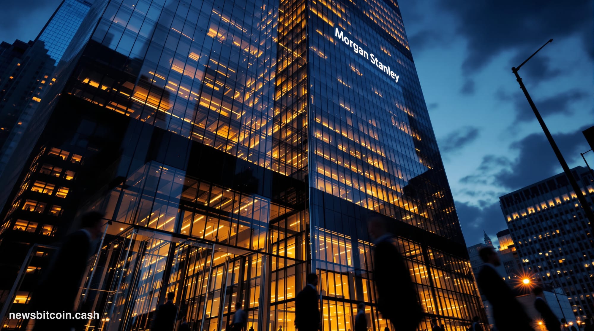 A cinematic photorealistic editorial photograph of Morgan Stanley's imposing headquarters in Manhattan's Financial District, 