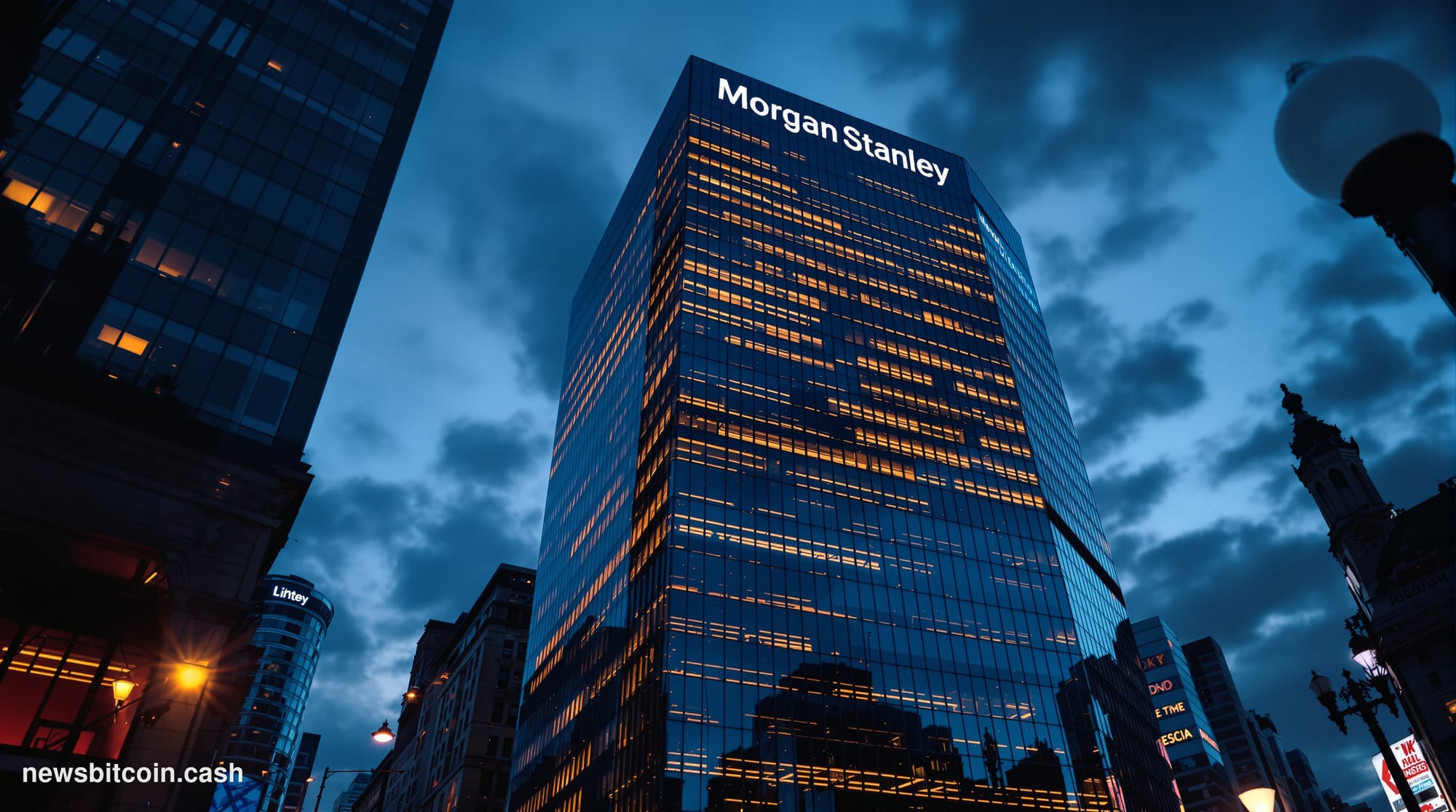 A cinematic photorealistic editorial photograph of Morgan Stanley's iconic headquarters at 1585 Broadway in Times Square, New