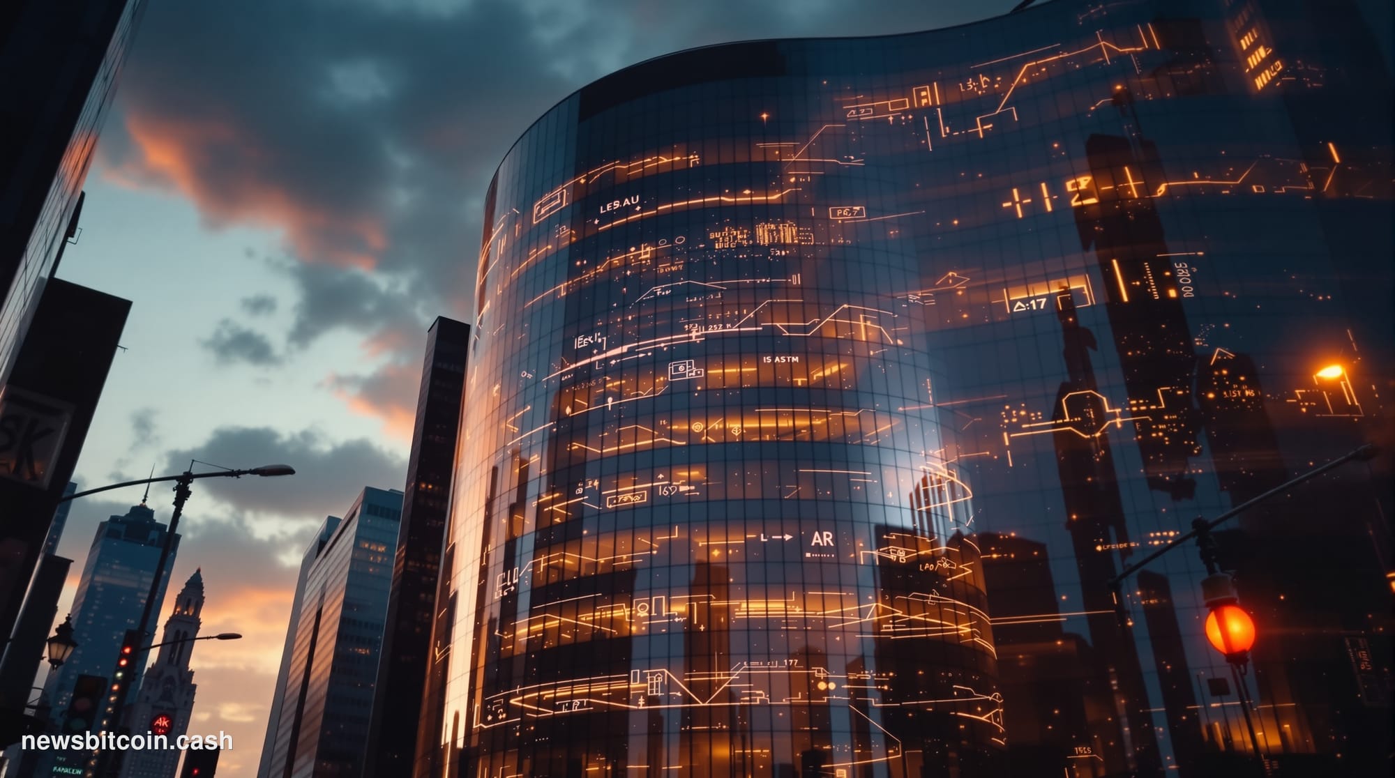 A cinematic photorealistic editorial photograph showcasing the intersection of traditional Wall Street finance and cryptocurr